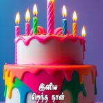 Happy Birthday celebration with colorful balloons, cake, candles, and joyful party decorations. HD தரத்தில் அழகாக அலங்கரிக்கப்பட்ட இனிய பிறந்தநாள் வாழ்த்துக்கள் படத்தில் கேக், மெழுகுவர்த்தி மற்றும் மகிழ்ச்சியான வாழ்த்து எழுத்துகள் காணப்படுகின்றன.