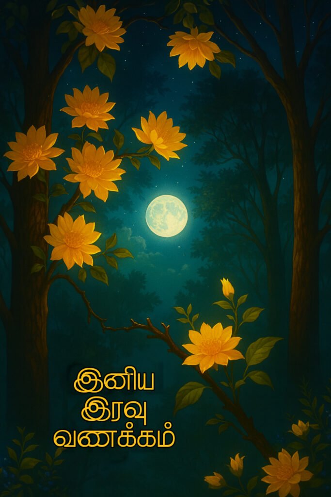 Good night wishes with calm moonlight, peaceful night sky, sweet dreams message in Tamil and English.