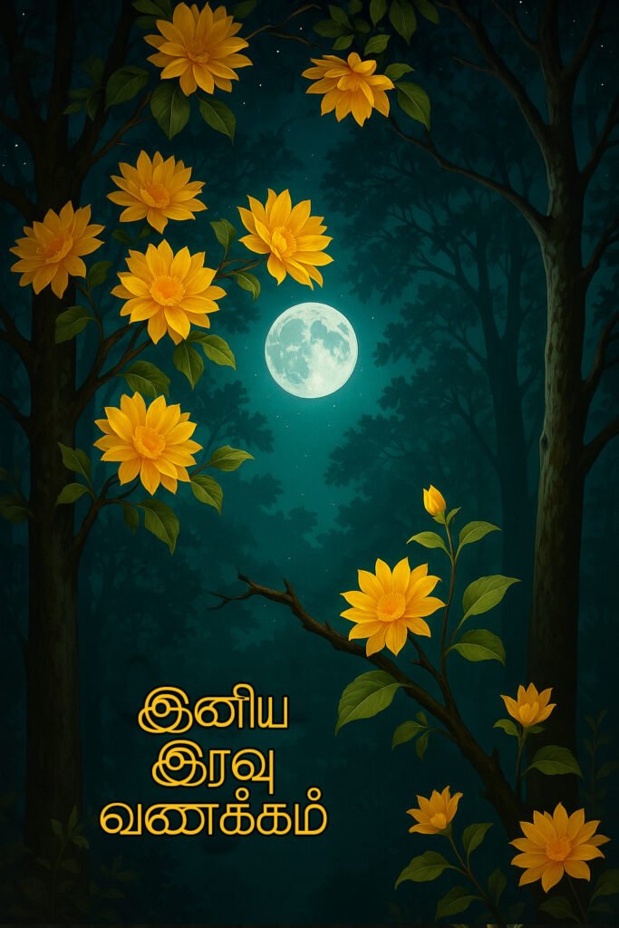 Good night wishes with calm moonlight, peaceful night sky, sweet dreams message in Tamil and English.