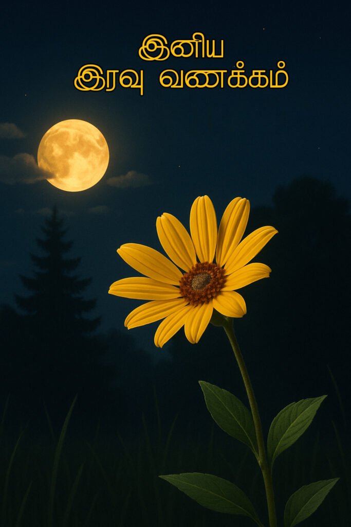 Good night wishes with calm moonlight, peaceful night sky, sweet dreams message in Tamil and English.