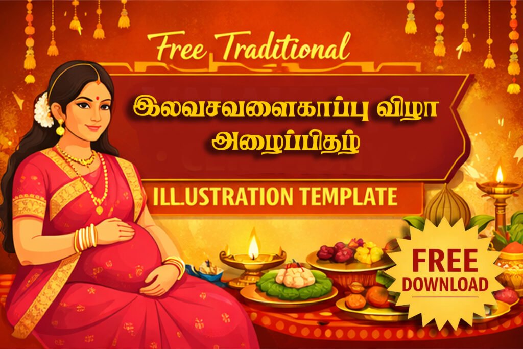 Free Valakappu ceremony illustration template showcasing a pregnant woman and traditional rituals for South Indian baby shower designs.