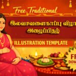 Free Valakappu ceremony illustration template showcasing a pregnant woman and traditional rituals for South Indian baby shower designs.