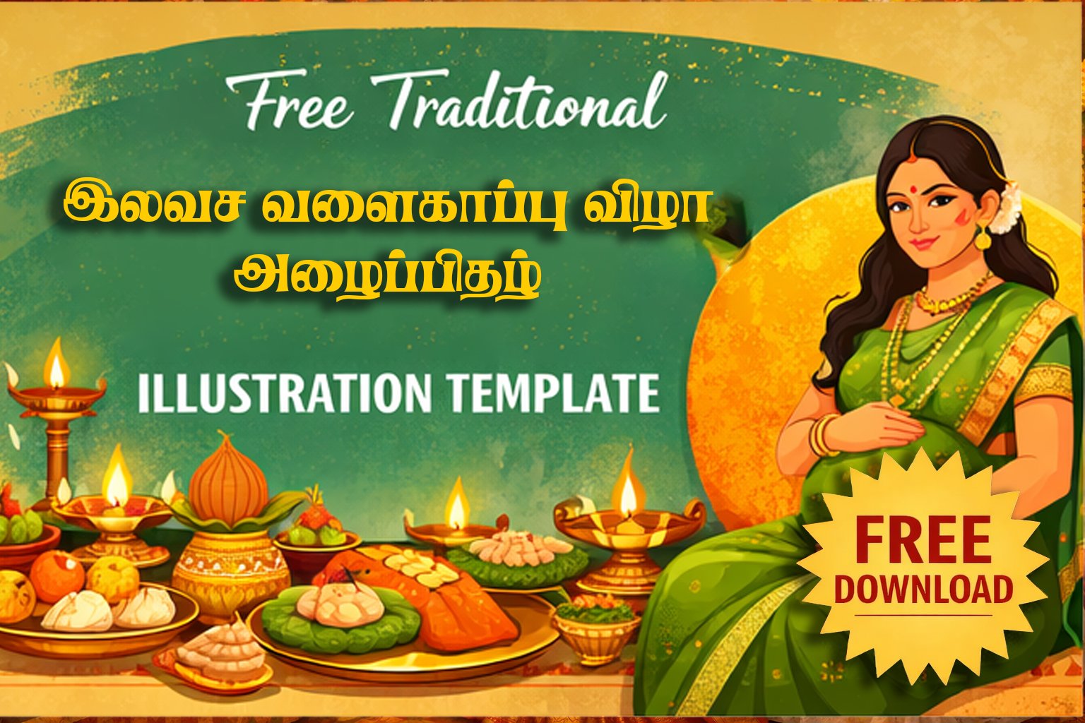 Get a free Tamil Valakappu ceremony illustration template for traditional baby shower invitation cards and creative designs.